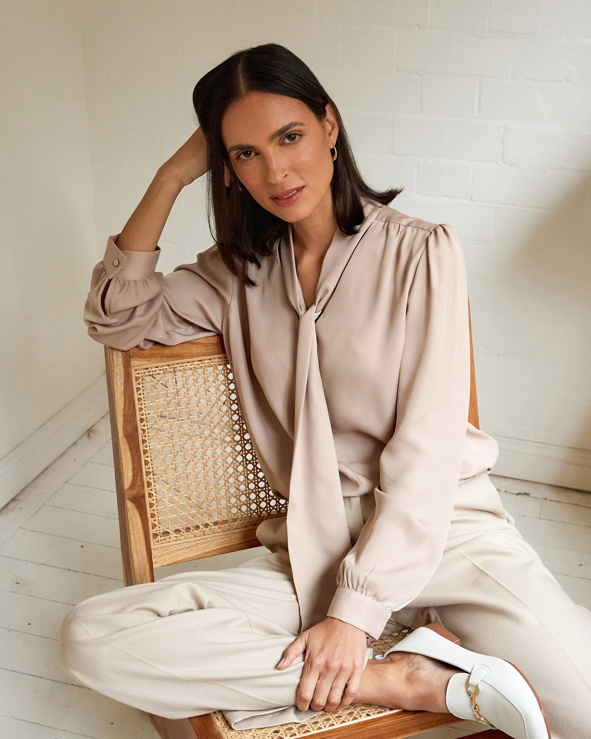 Serene Tie Neck Blouse in sand beige — alternate view