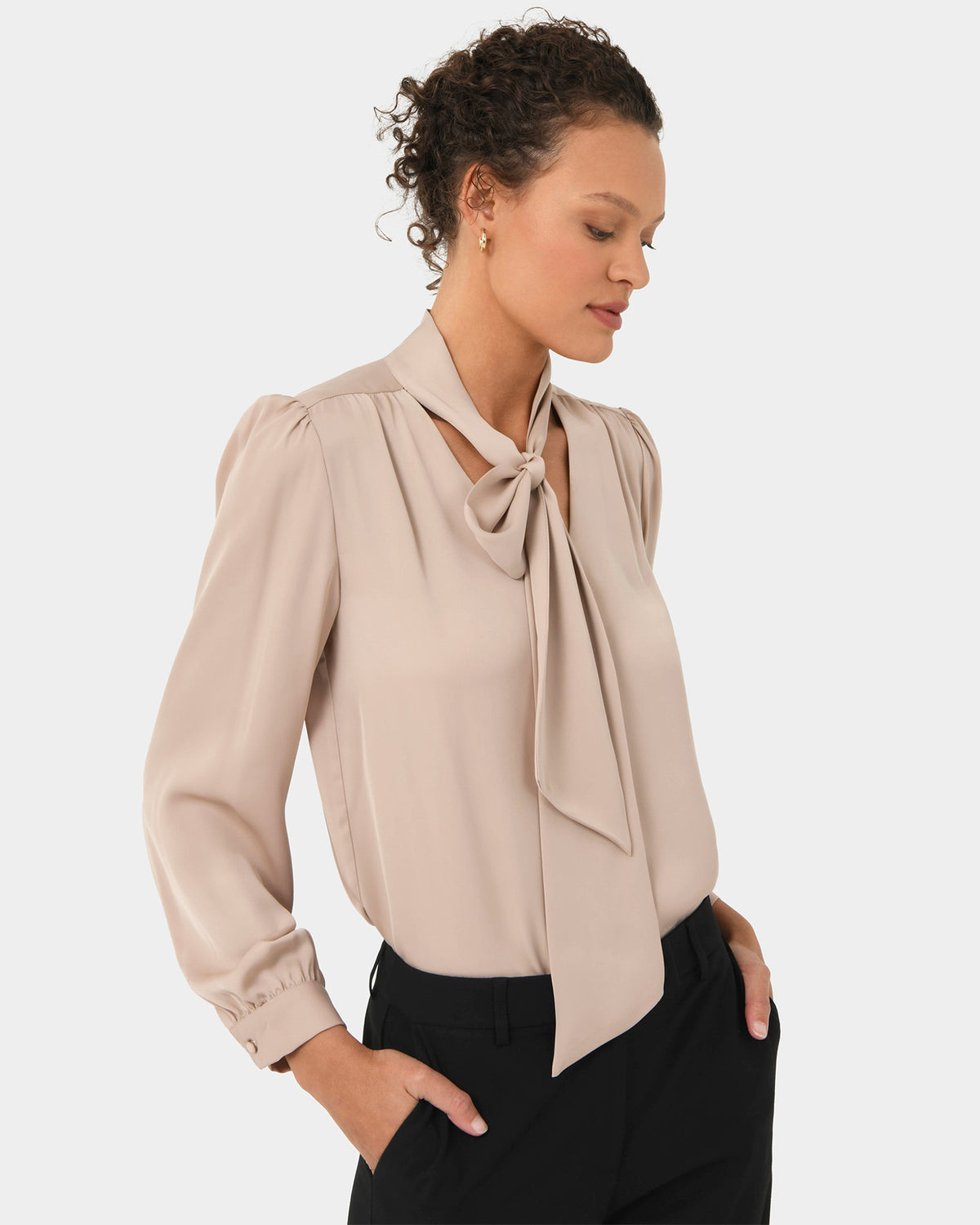Serene Tie Neck Blouse in sand beige — side view