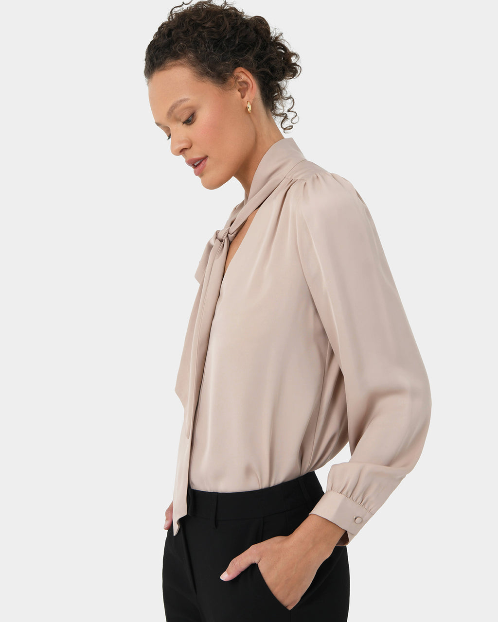 Serene Tie Neck Blouse in sand beige — side view 2