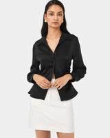 Blair Satin Collar Blouse in black — close-up view