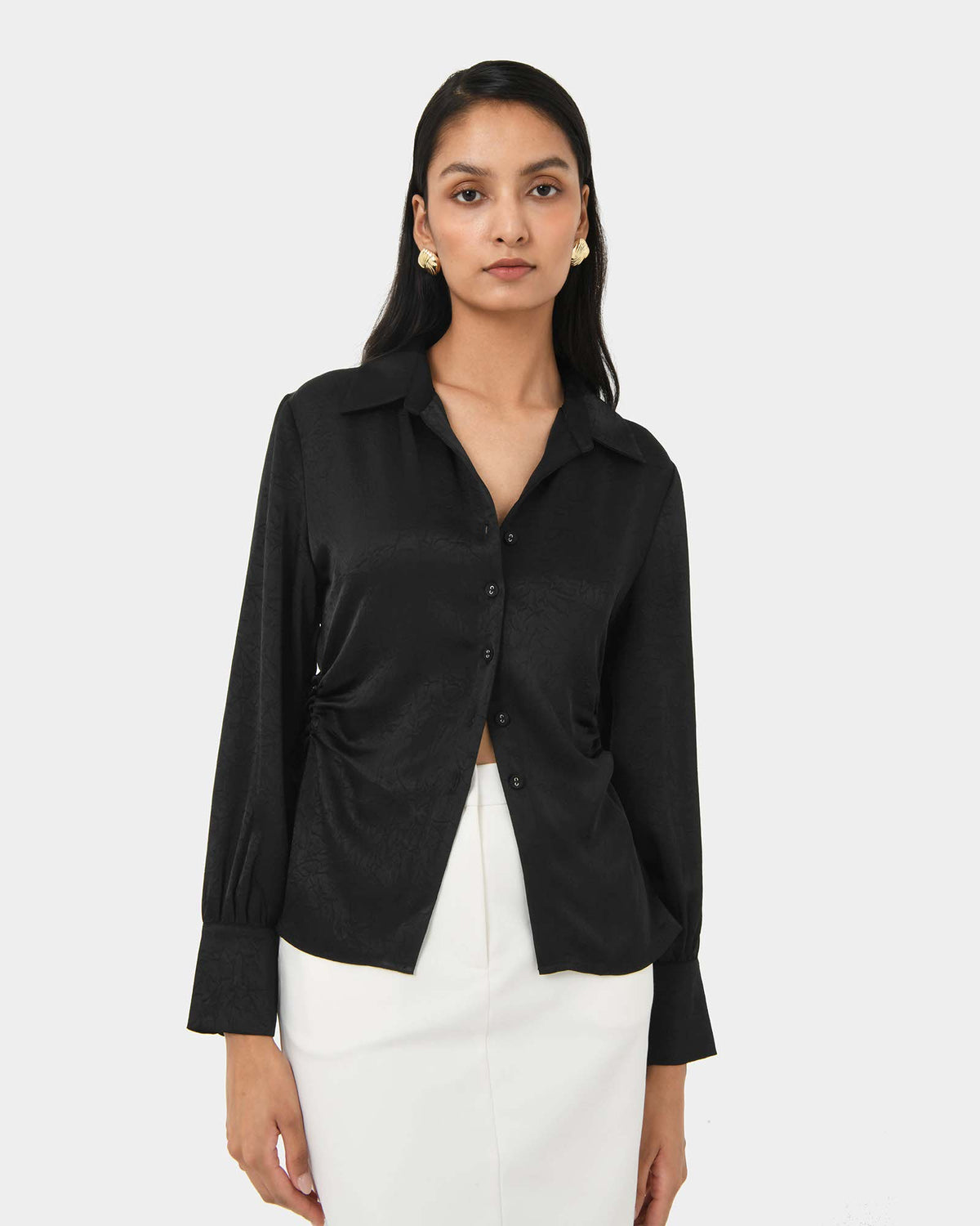 Blair Satin Collar Blouse in black — close-up view 2