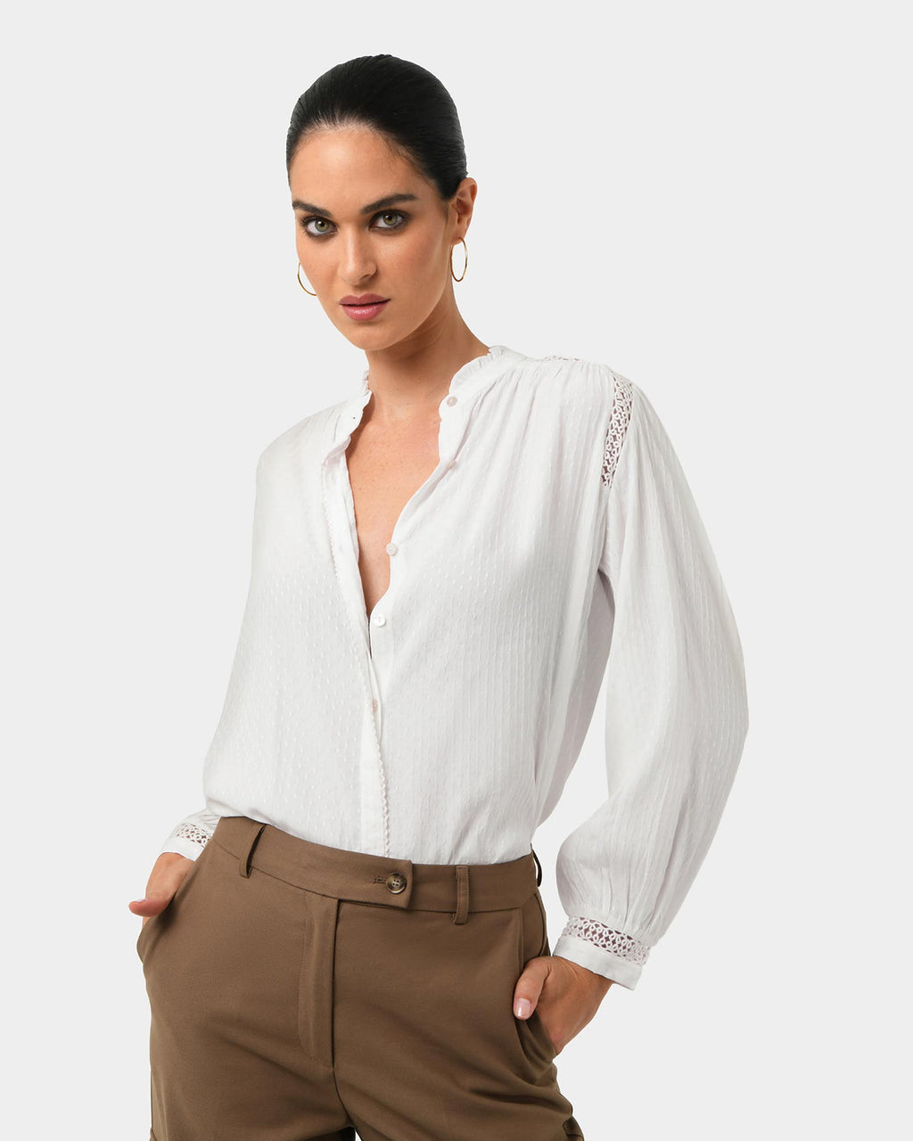 Giorga Lace Trim Blouse in ivory — close-up view