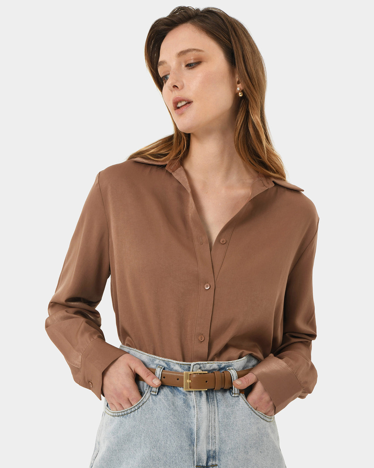 Devon Satin Tie Shirt in dark camel — close-up view