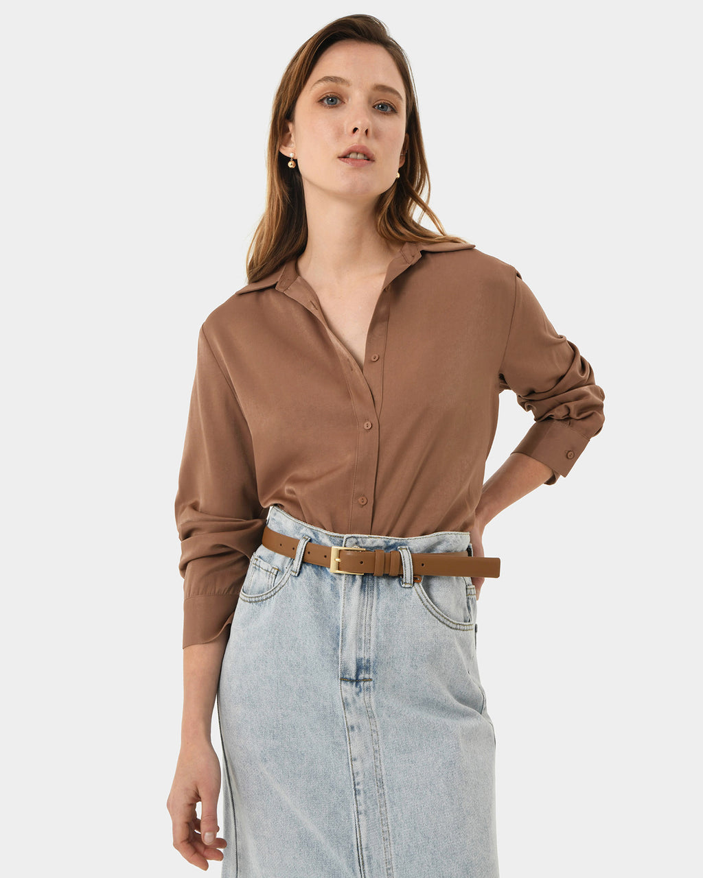 Devon Satin Tie Shirt in dark camel — close-up view 2