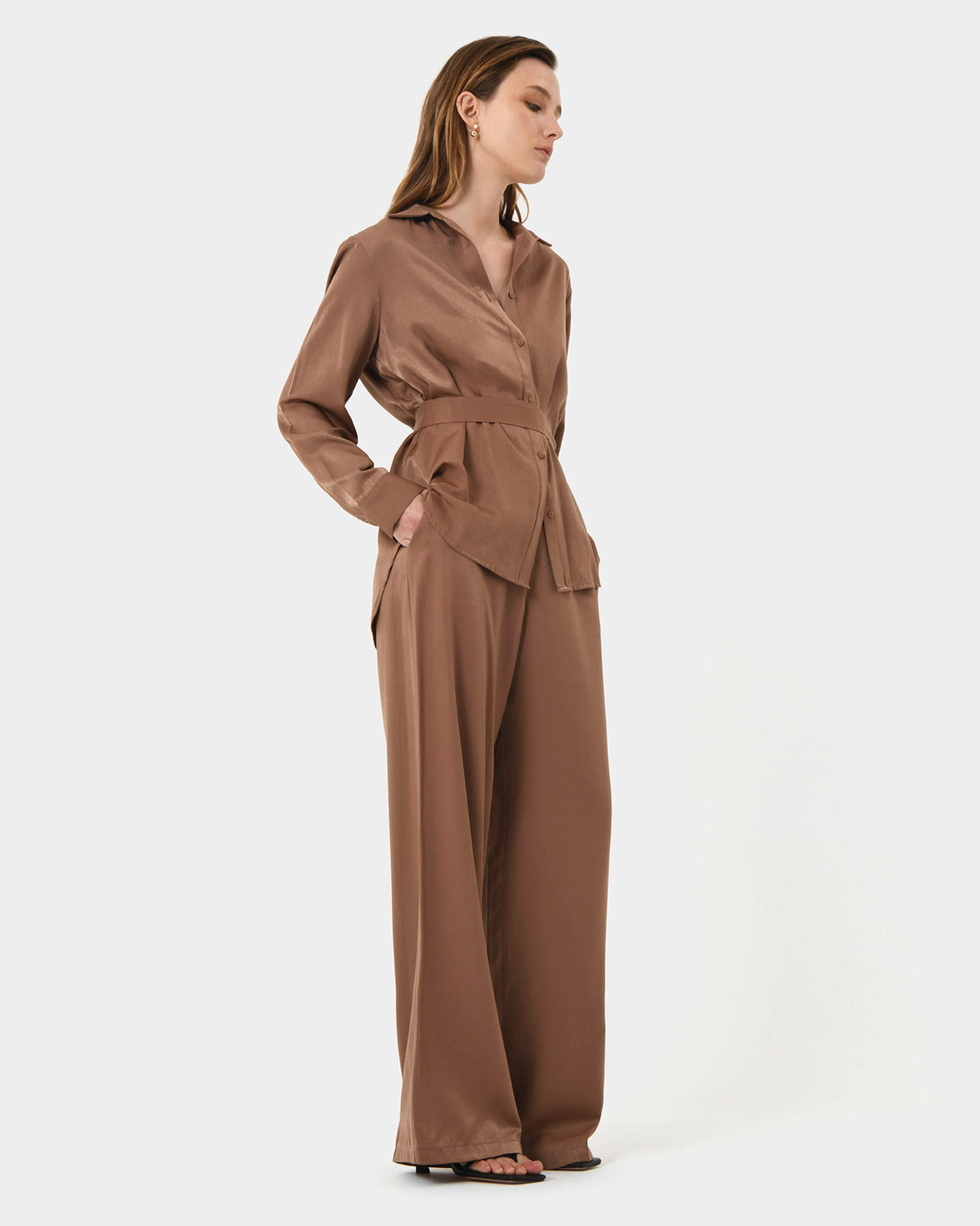Devon Satin Tie Shirt in dark camel — side view