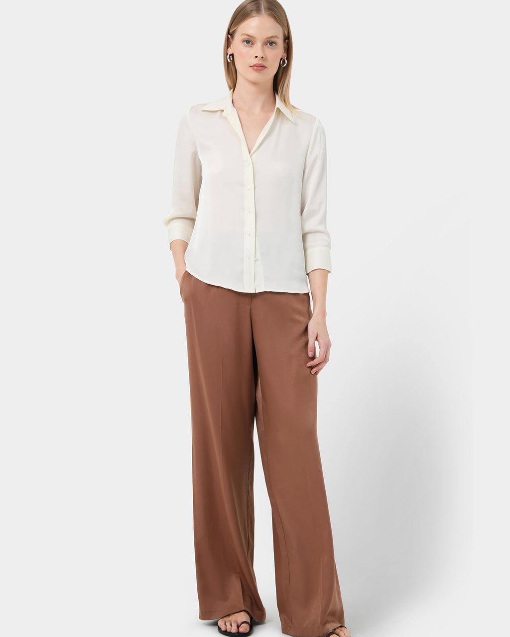 Hailee 3/4 Sleeve Satin Blouse in cream — full-length view