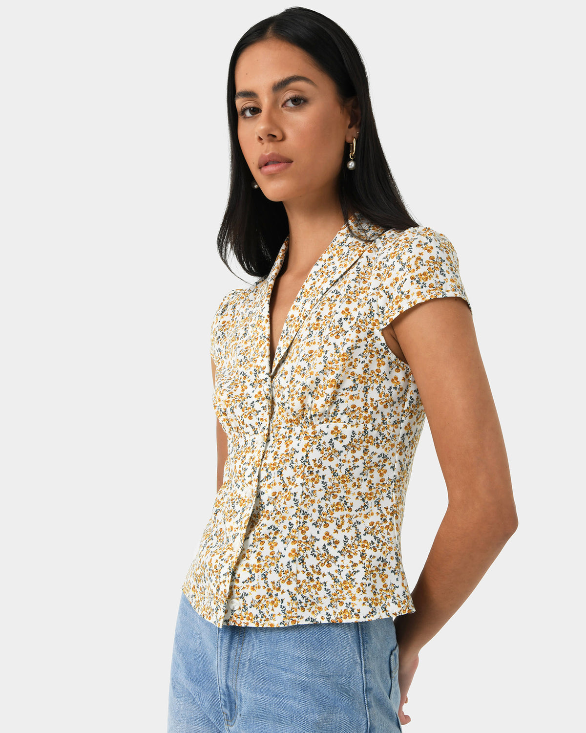 Roxanne Floral Cap Sleeve Top in multi — side view 2