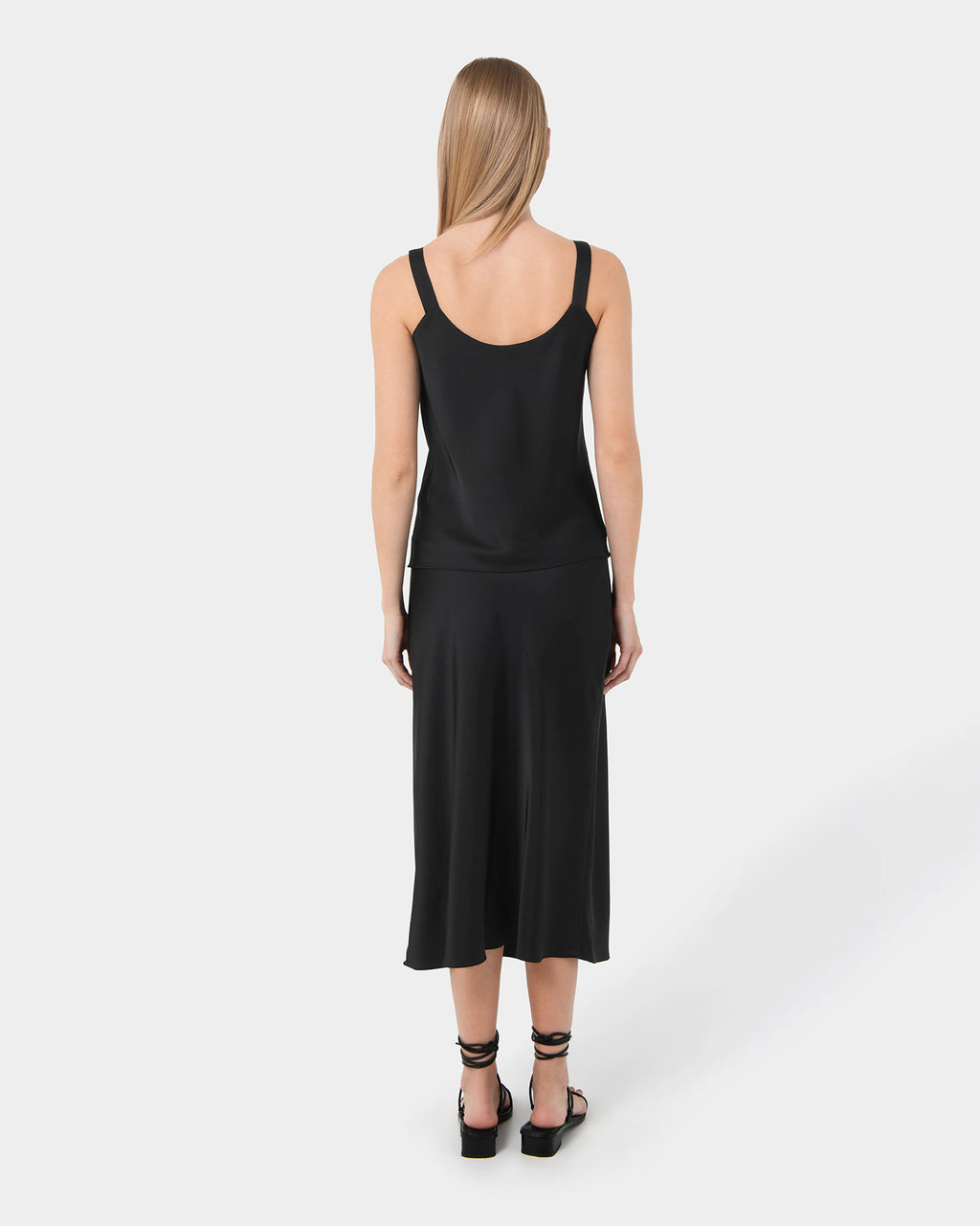 Kalena Satin Cami Top in black — back view