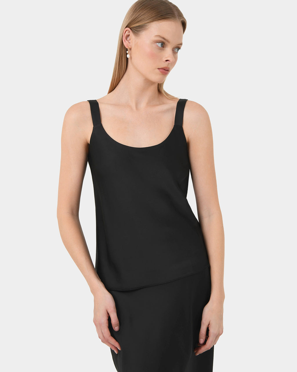 Kalena Satin Cami Top in black — close-up view