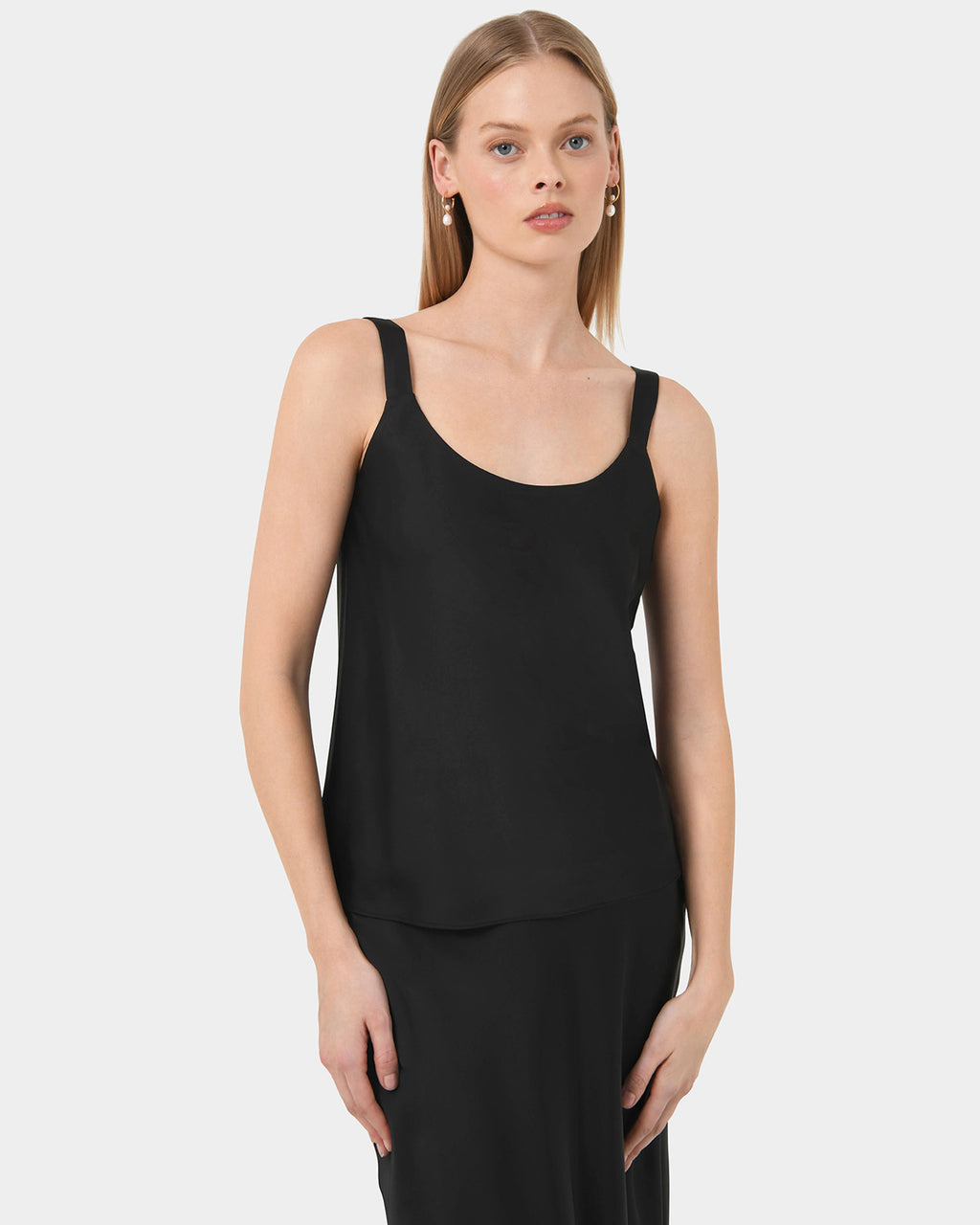 Kalena Satin Cami Top in black — close-up view 2