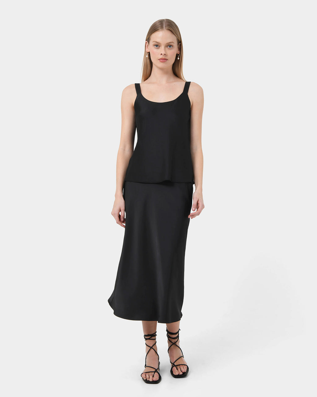 Kalena Satin Cami Top in black — full-length view