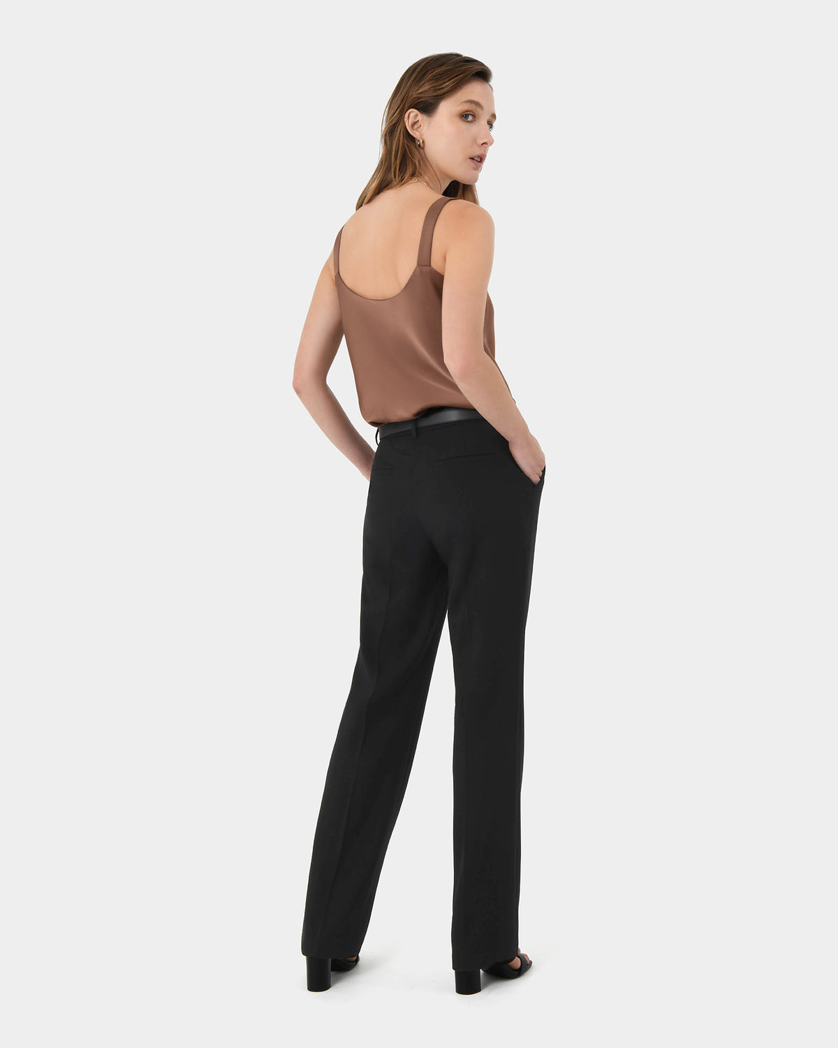 Kalena Satin Cami Top in dark camel — back view