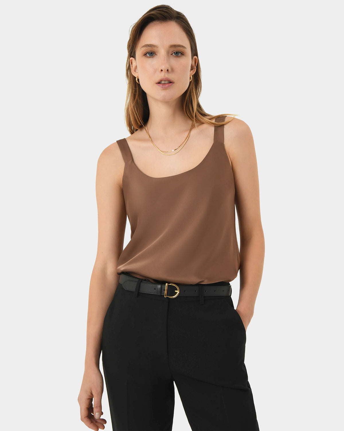 Kalena Satin Cami Top in dark camel — close-up view