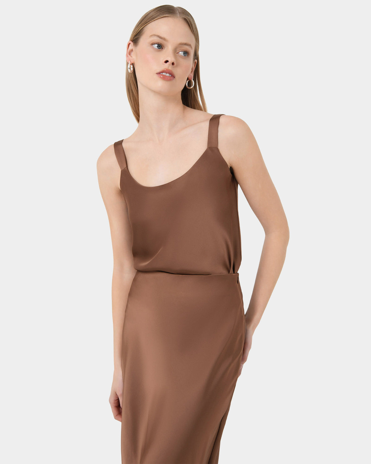 Kalena Satin Cami Top in dark camel — close-up view 2