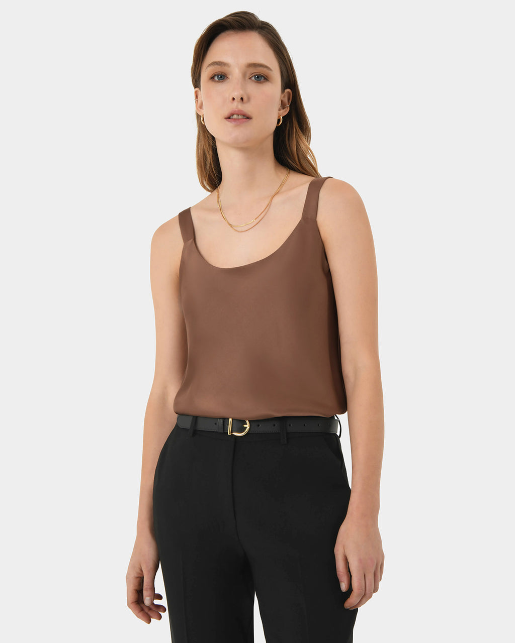 Kalena Satin Cami Top in dark camel — close-up view 3