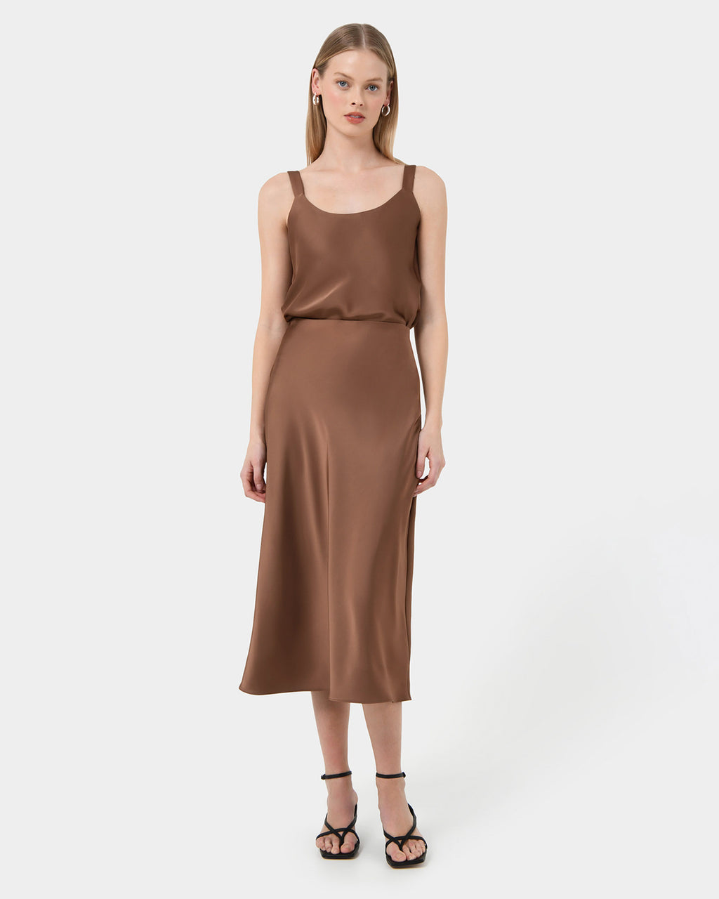 Kalena Satin Cami Top in dark camel — full-length view