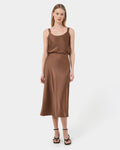 Kalena Satin Cami Top in dark camel — full-length view