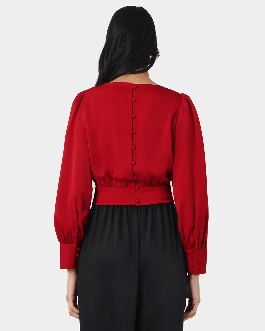 Lorinda Tie Waist Satin Blouse in red — back view