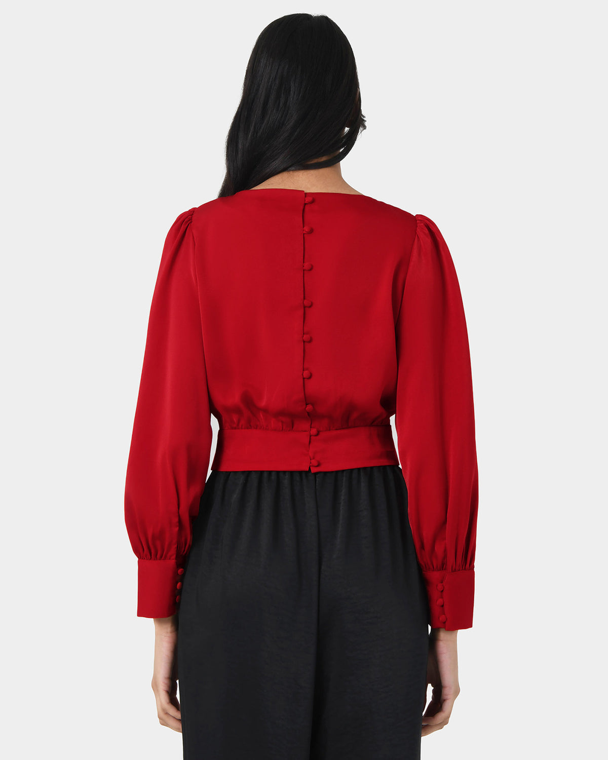 Lorinda Tie Waist Satin Blouse in red — back view