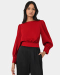 Lorinda Tie Waist Satin Blouse in red — close-up view