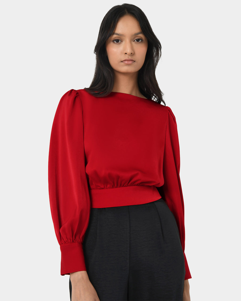 Lorinda Tie Waist Satin Blouse in red — close-up view 2