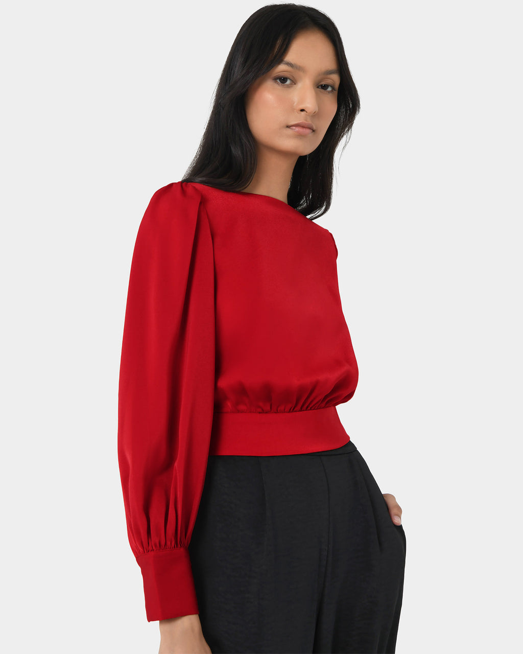Lorinda Tie Waist Satin Blouse in red — side view