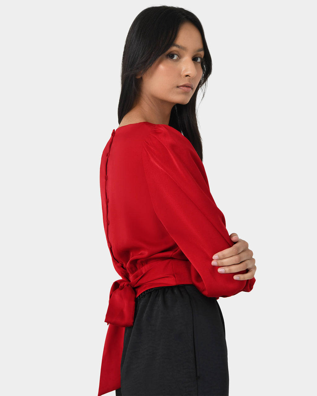 Lorinda Tie Waist Satin Blouse in red — side view 2