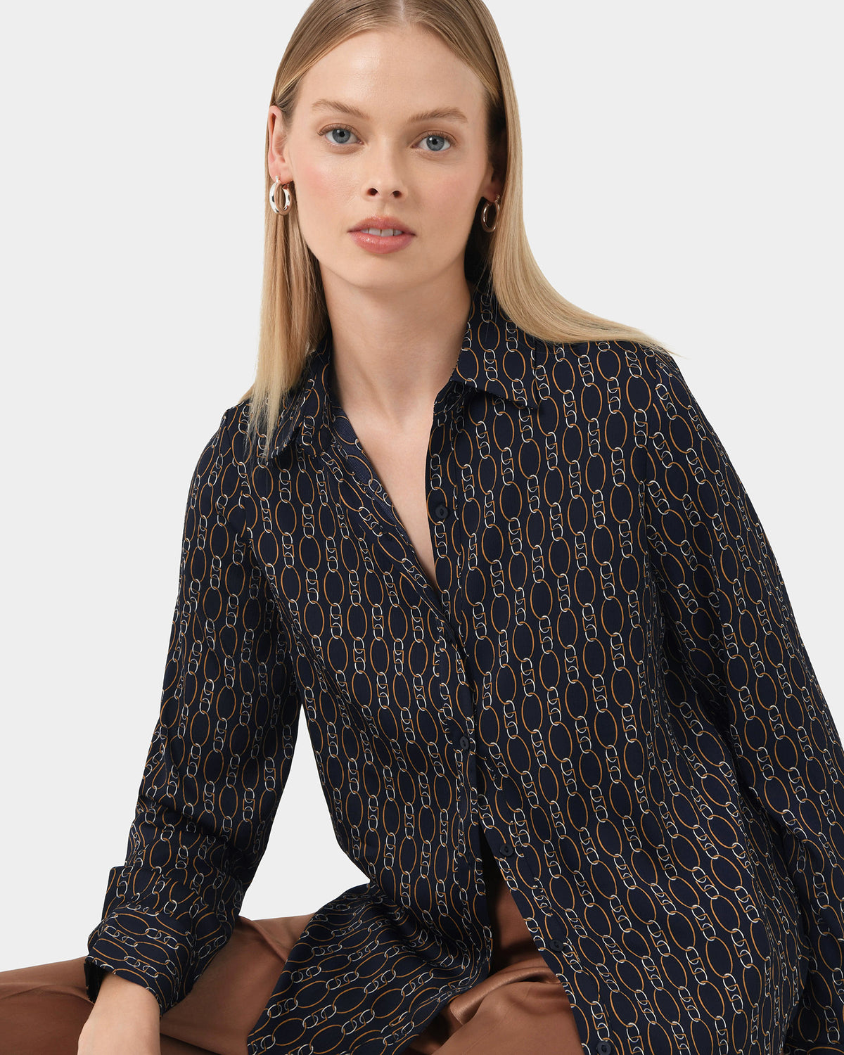 Freya Chain Print Blouse in navy — close-up view