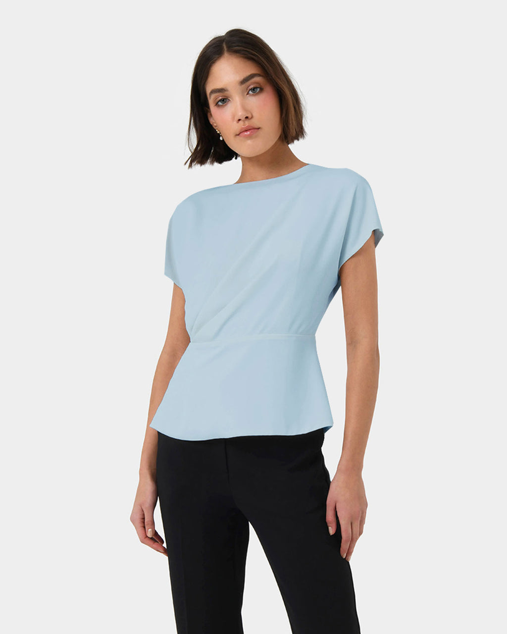 Bonnie Gathered Peplum Top in dusk blue — close-up view