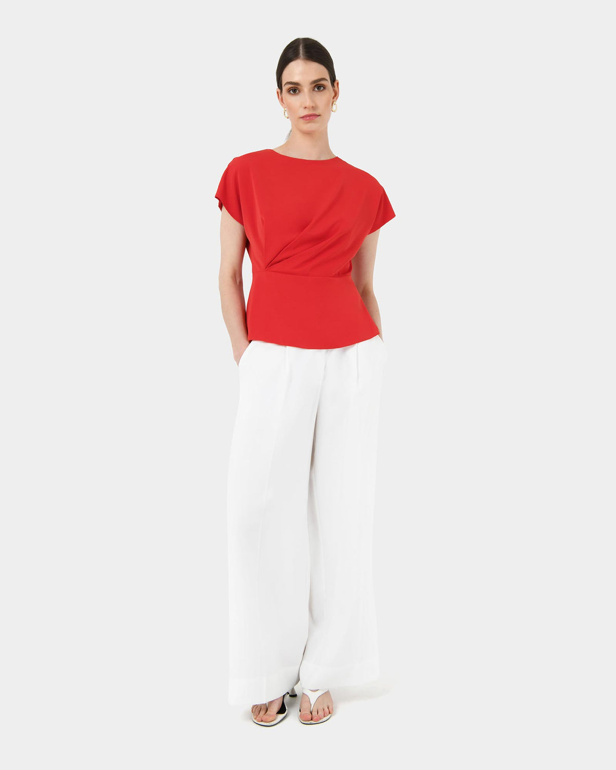 Bonnie Gathered Peplum Top in red — full-length view