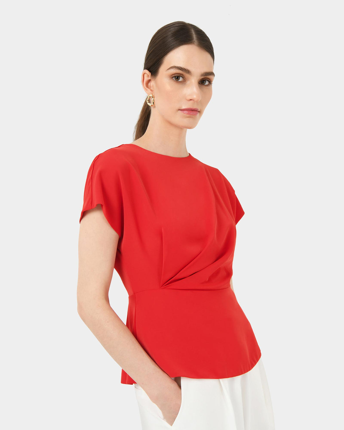Bonnie Gathered Peplum Top in red — side view