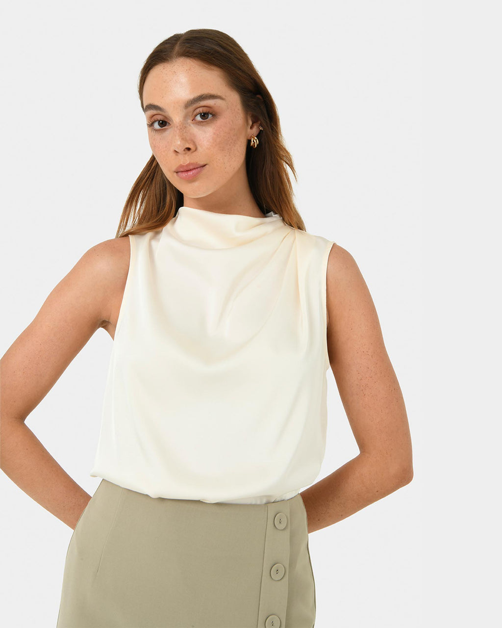Mae Cowl Neck Top in champagne — close-up view 2