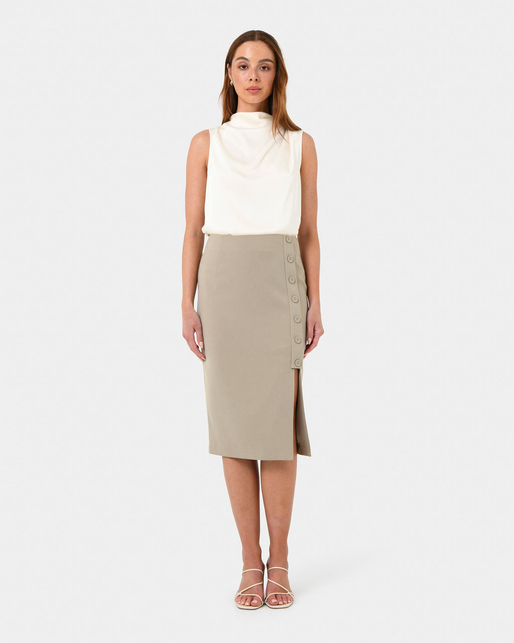 Mae Cowl Neck Top in champagne — full-length view