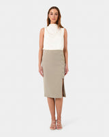 Mae Cowl Neck Top in champagne — full-length view