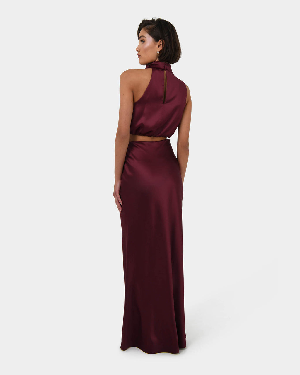 Kaye Asymmetric Cowl Neck Top in wine — back view