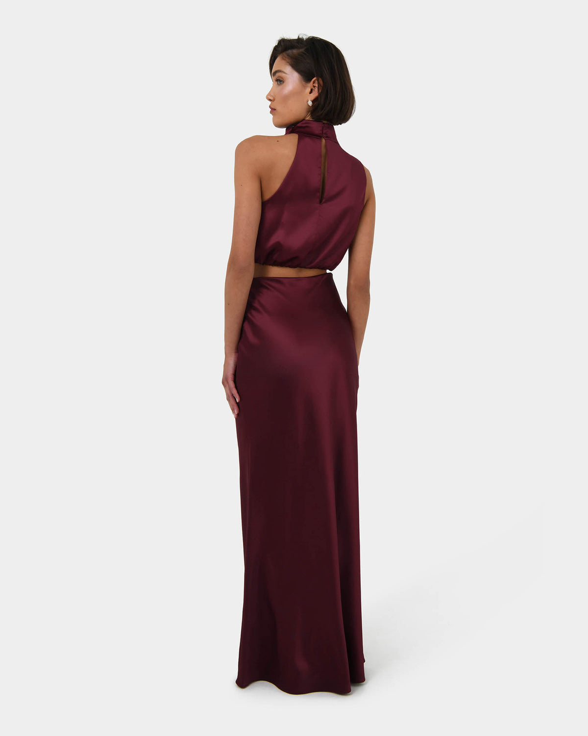 Kaye Asymmetric Cowl Neck Top in wine — back view