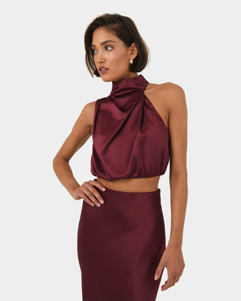 Kaye Asymmetric Cowl Neck Top in wine — close-up view