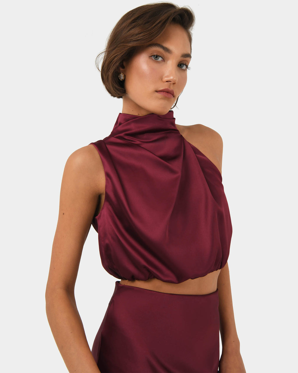 Kaye Asymmetric Cowl Neck Top in wine — close-up view 2
