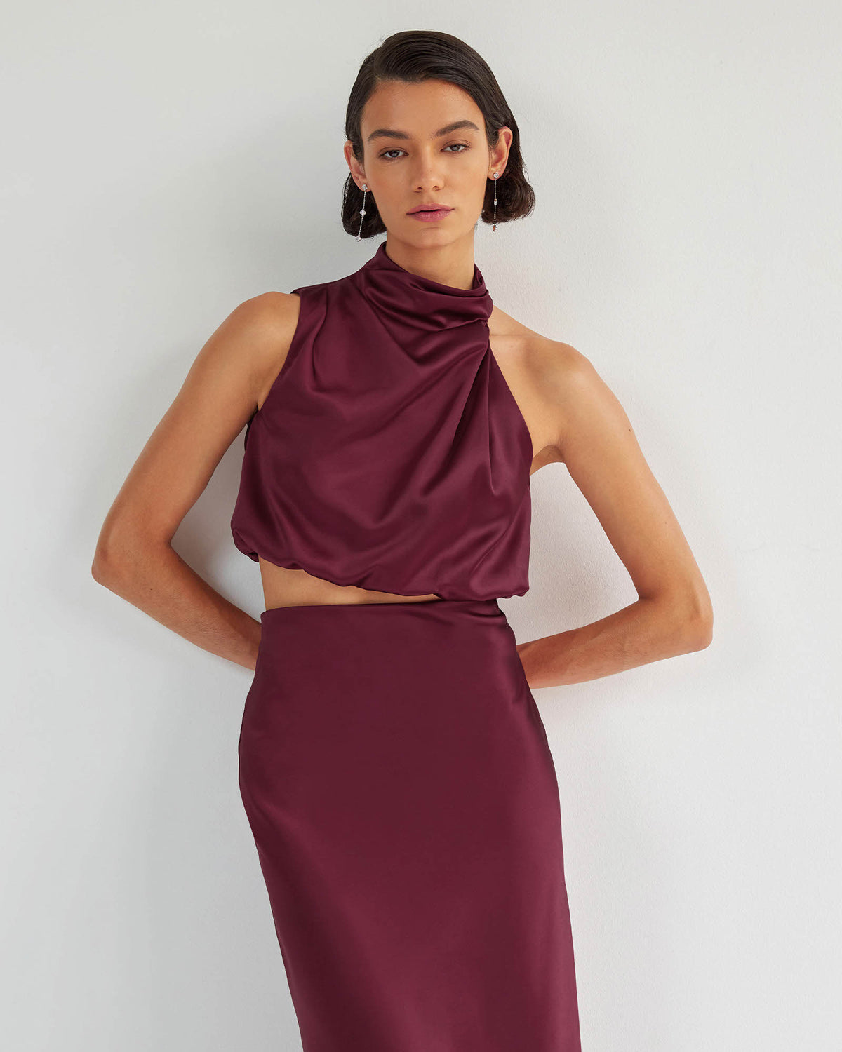 Kaye Asymmetric Cowl Neck Top in wine — close-up view 3
