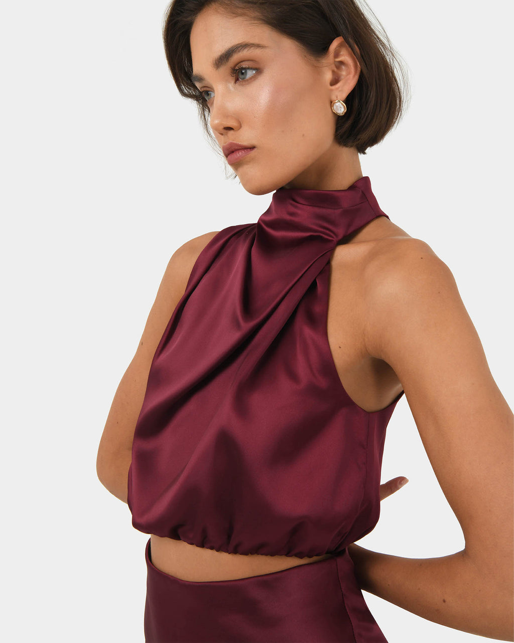 Kaye Asymmetric Cowl Neck Top in wine — fabric detail