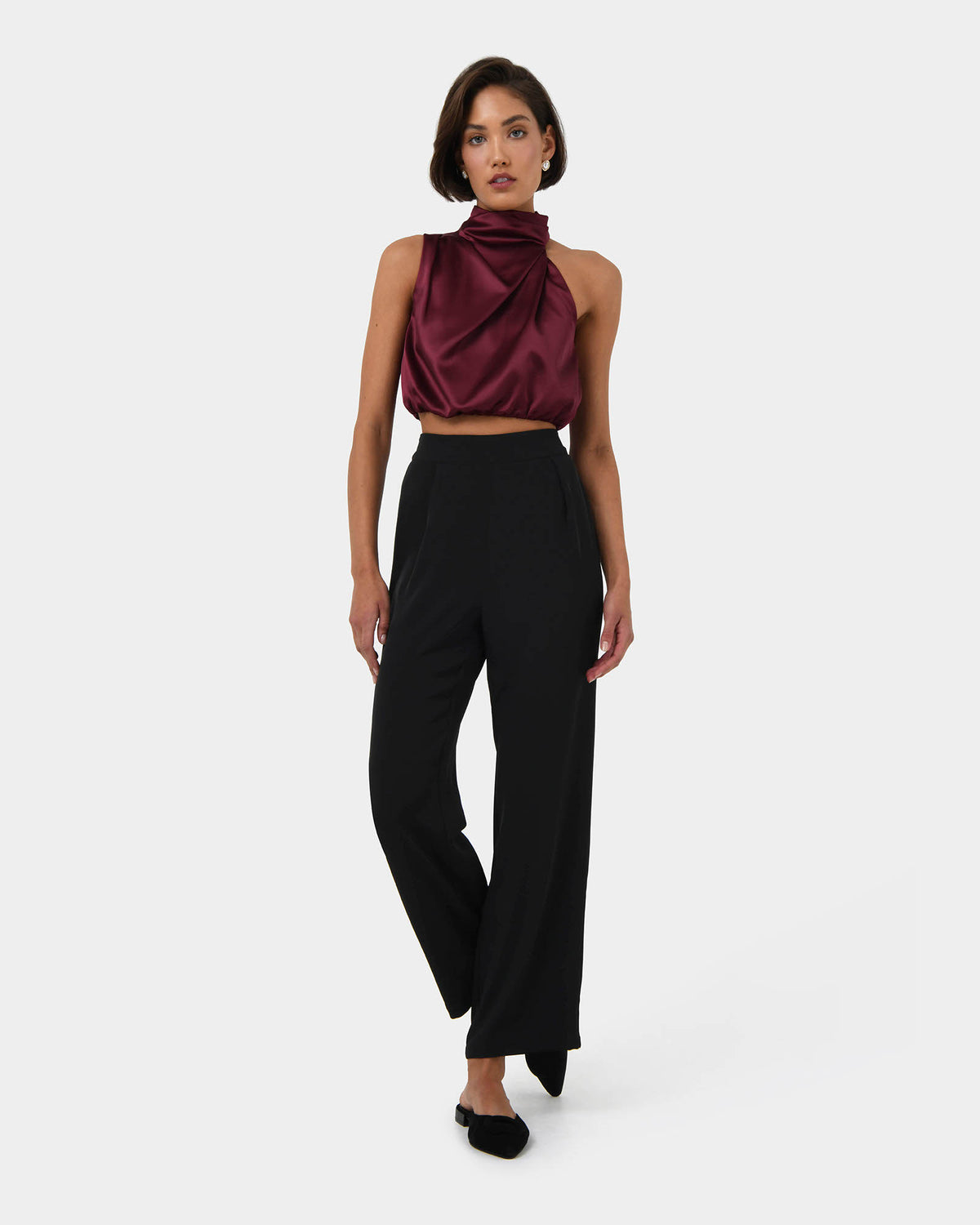 Kaye Asymmetric Cowl Neck Top in wine — full-length view