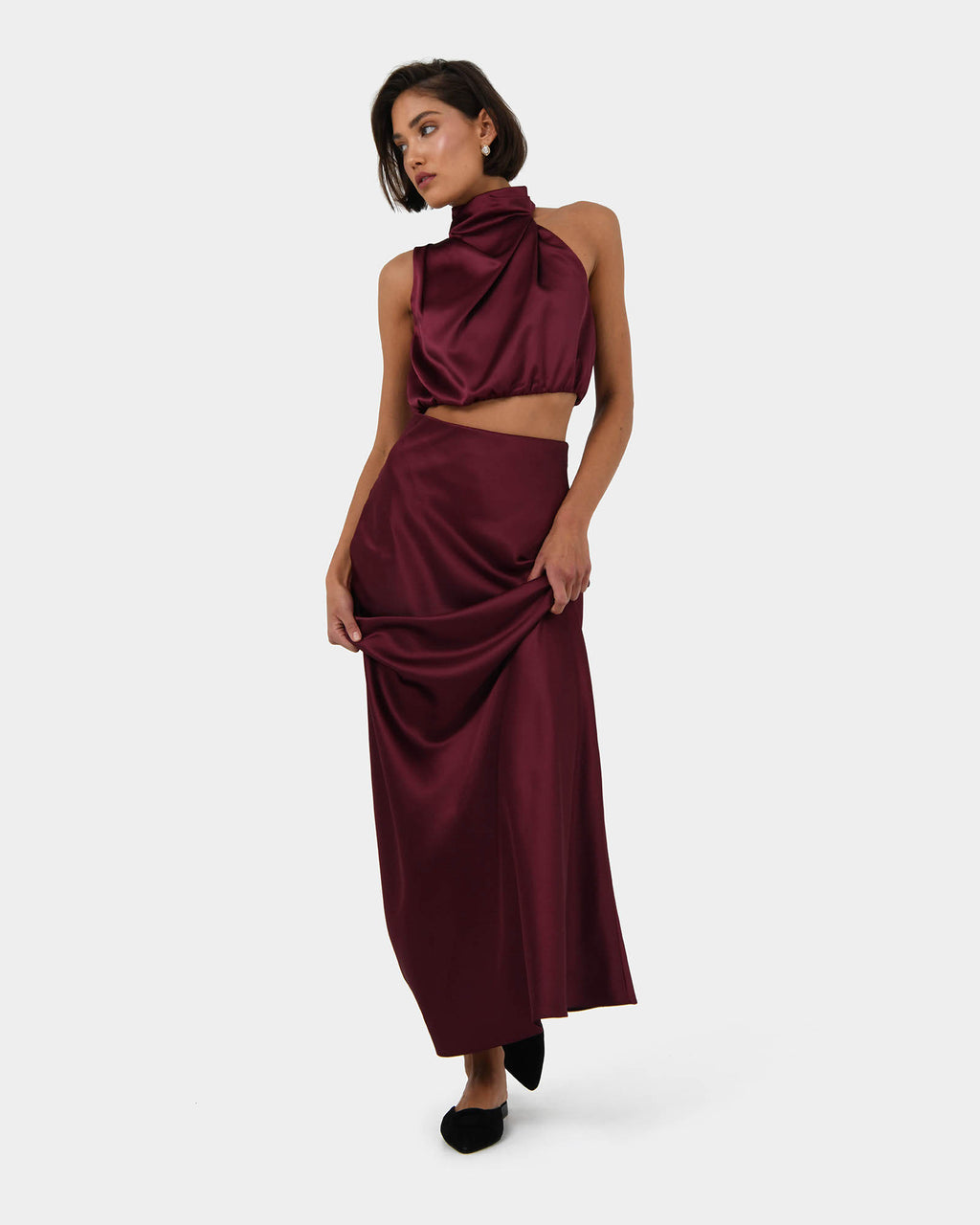 Kaye Asymmetric Cowl Neck Top in wine — full-length view 2