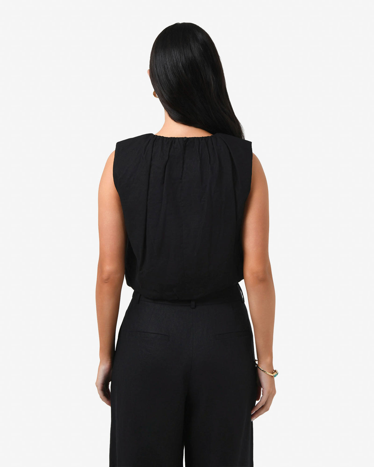 Kenya Rouched Linen Top in black — back view
