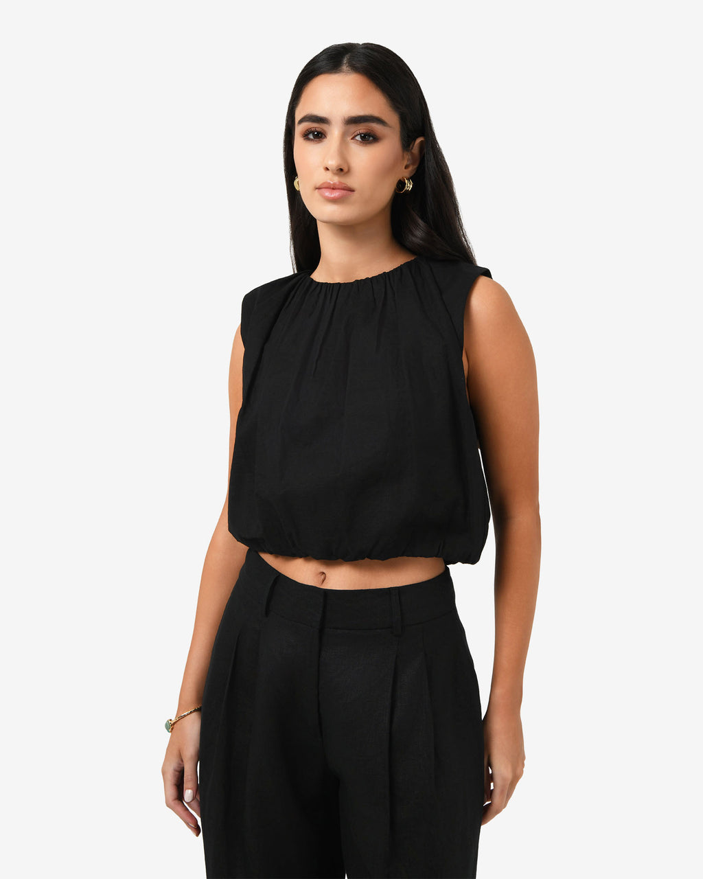 Kenya Rouched Linen Top in black — close-up view