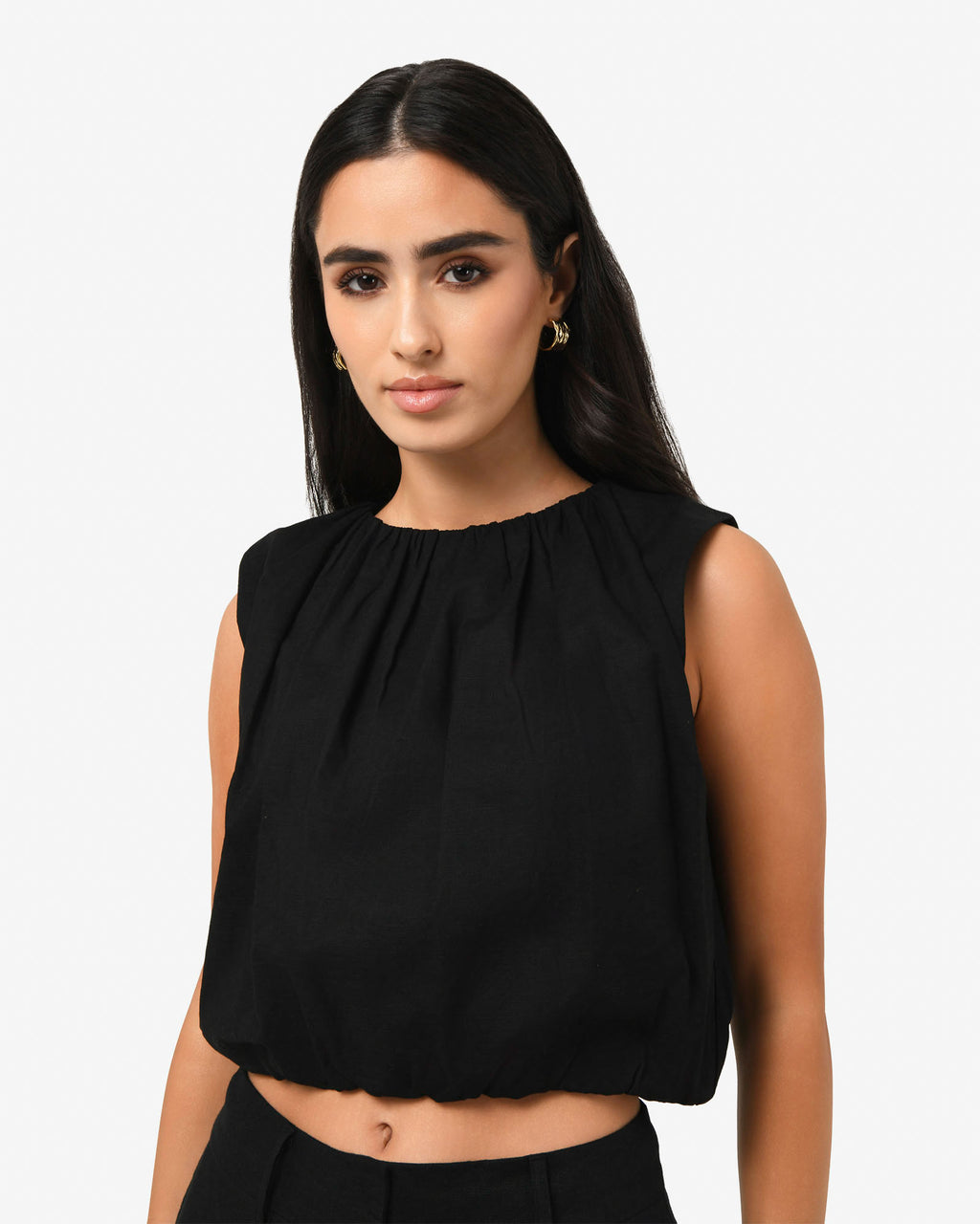Kenya Rouched Linen Top in black — close-up view 2