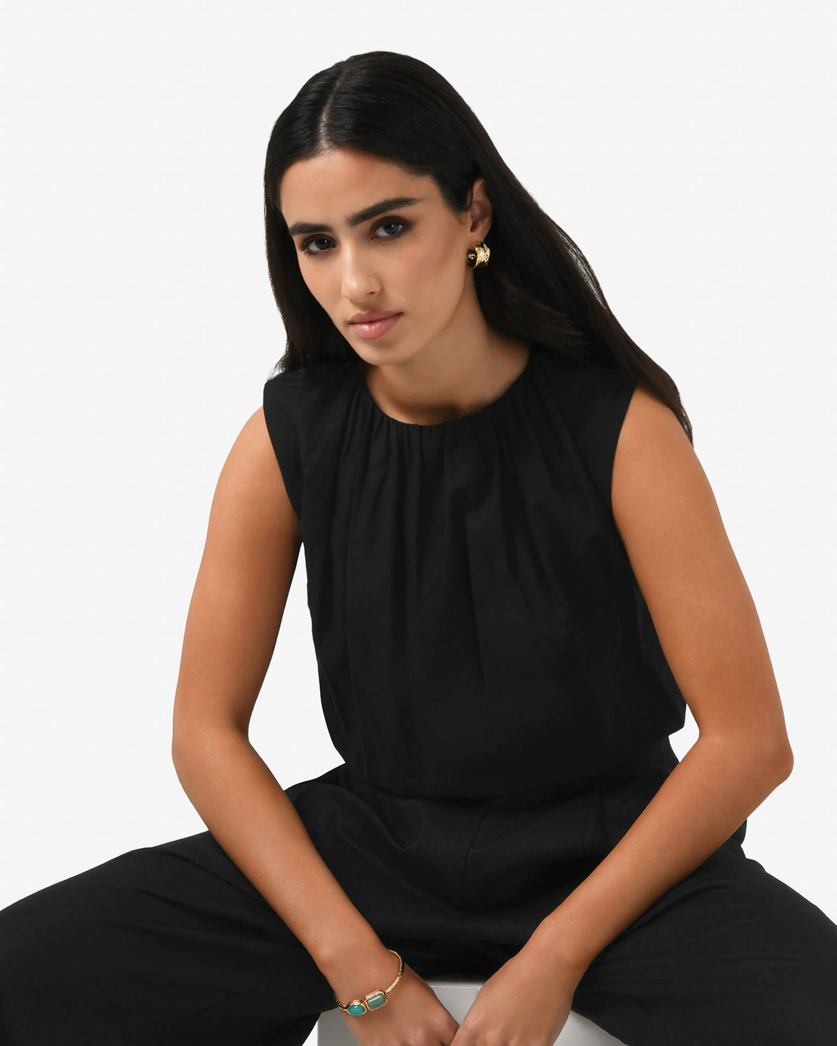 Kenya Rouched Linen Top in black — close-up view 3