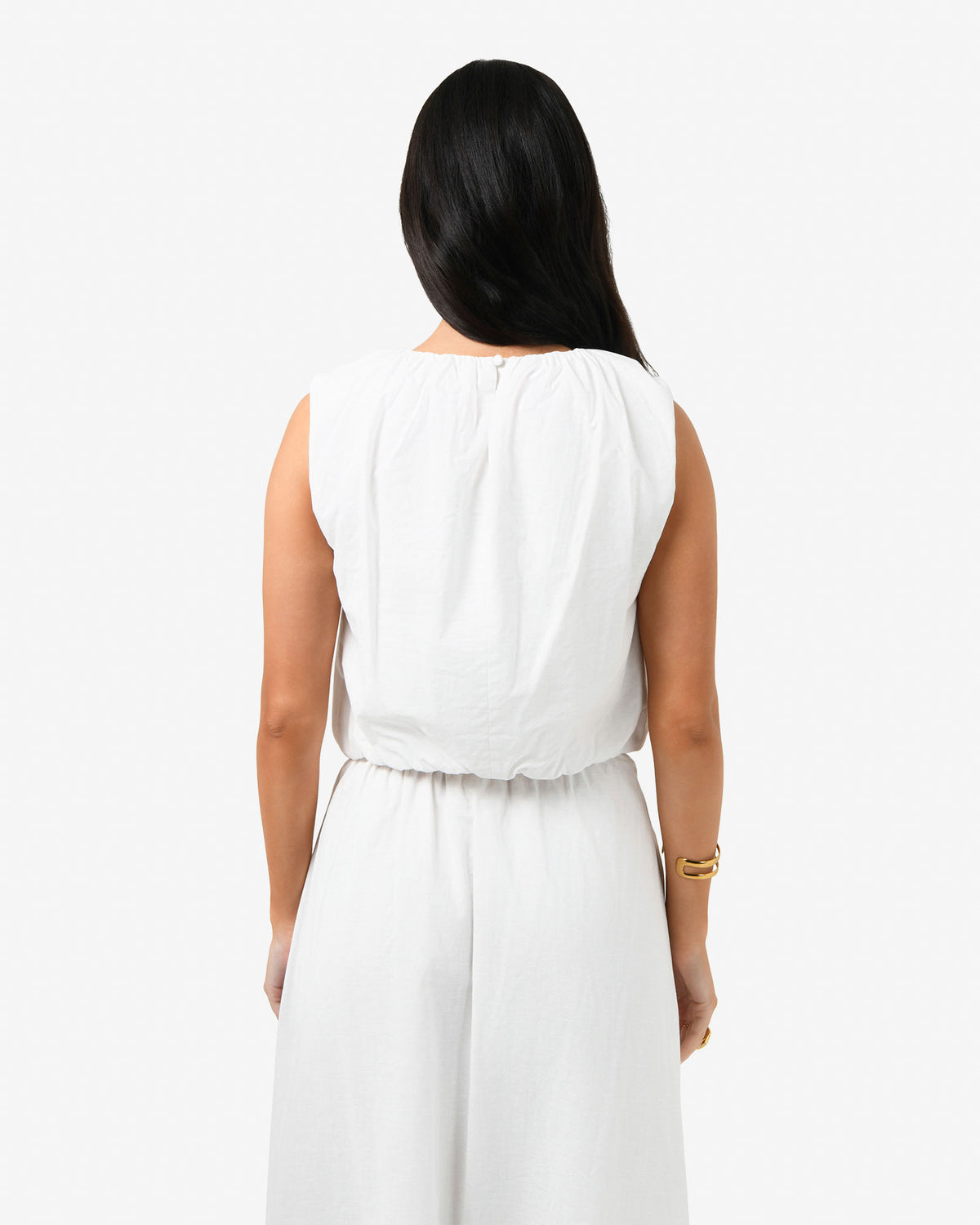 Kenya Rouched Linen Top in ivory — back view