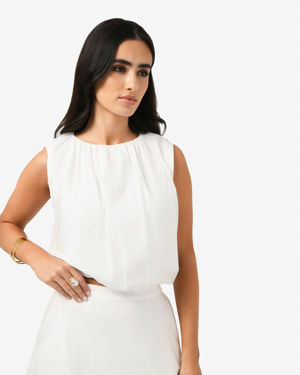 Kenya Rouched Linen Top in ivory — close-up view 2