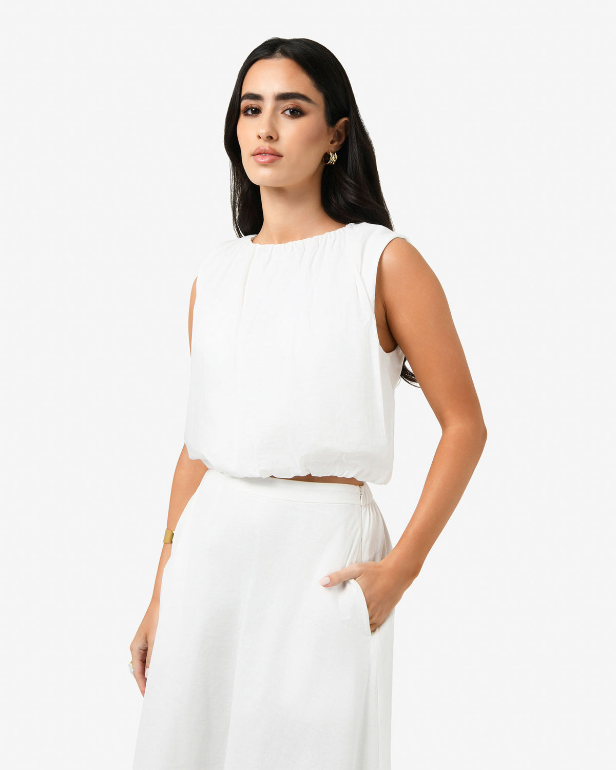Kenya Rouched Linen Top in ivory — side view