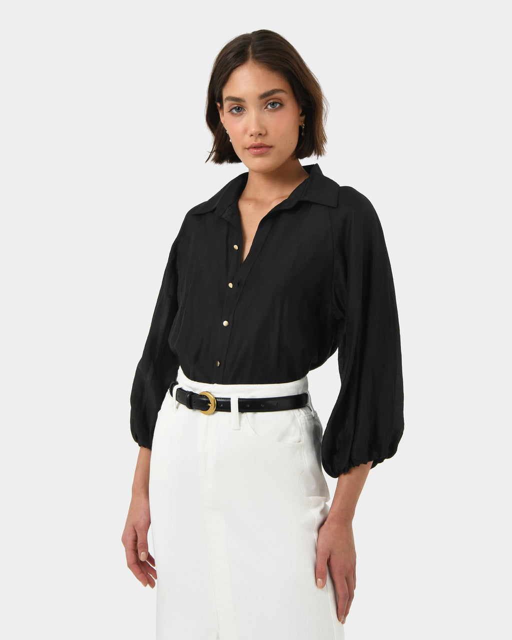 Giulia Gold Button Blouse in black — close-up view